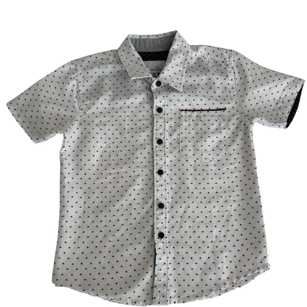 Craft + Flow Boys Short Sleeve 4 Small Button Down Shirt White Blue Red Print